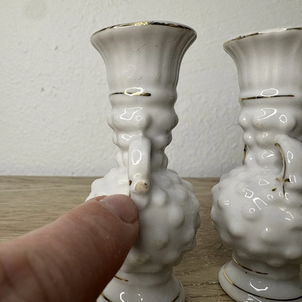 Vintage Ceramic Mini Hobnail Hobnob White Vases Set Of 2 Gold Trim Japanese Made